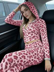 2 pièces Top à capuche zippé imprimé léopard et pantalon imprimé guépard pour femmes, tenue décontractée pour l'automne et l'hiver