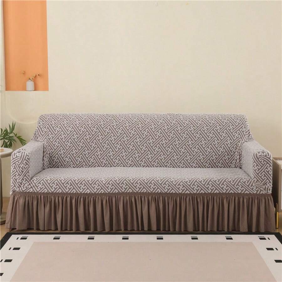 Bohemian Cationic Jacquard High Elasticity Sofa Cover With Skirt, Bohemian Baroque Style Elastic Breathable Sofa Cover - Pet Friendly, Machine Washable - Polyester Fiber And Spandex Blend, Jacquard Fabric Suitable For One To Four Seater Sofas