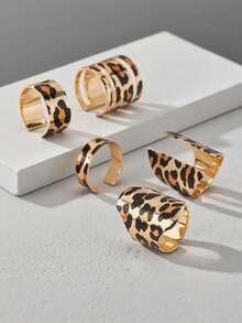 5pcs Creative Fashion Light Luxury Elegant Minimalist Geometric Leopard Print Rings For Women, Sisters, And Couples Perfect For Daily Wear, Dates, Parties, Holidays, Gifts, And Vacations