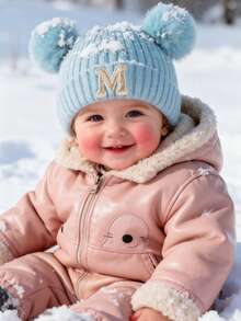 1PC Baby A-Z Letter Knitted Caps Kids 0-3Y Winter Warmth, Double-Layer Thickening Baby Wool Knitted Bonnet Newborn Baby Hat Double Pompom Cute Hat For Kids Boys Girls Children Beanie Cap