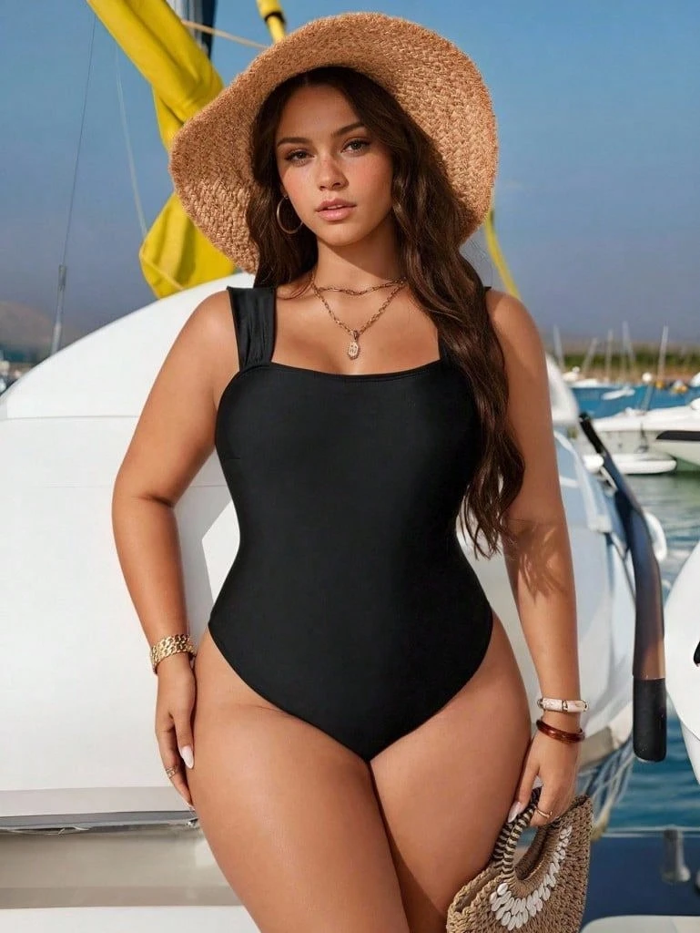 Swim Chiccia 大码女式纯色休闲吊带连体泳衣大码连体泳衣全覆盖泳衣适合夏季海滩度假 - 黑色 - 查看 1