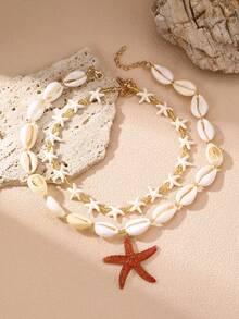 1/2pcs Fashionable Bohemian Beach Shell & Starfish Series Beaded Necklace, Accessory For Girls Daily & Holiday