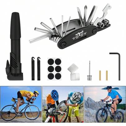 WOTOW Bolsa para Bicicleta con Kit de Herramientas, Bolsa Reflectante Impermeable Portátil con Kit Herramientas Reparación Bomba para Bicicleta Carretera Montaña MTB (16 Pzs, Bolsa deángulo)