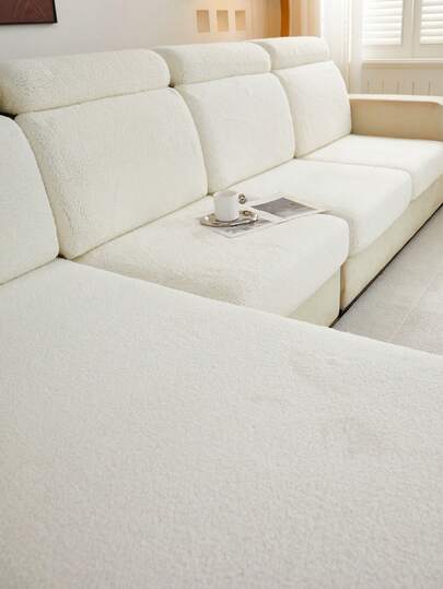 1pc Soft Plush Fabric Pet Sofa Dust Cover, White Sherpa Fleece Embossed Faux Fur Sofa Seat Cushion Cover, Thick Plush Upholstery For Sofa Backs/1/2/3/4/Chaise Lounge, Suitable For Autumn/Winter