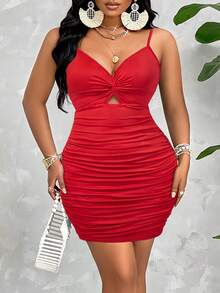 Plus Size Women's Sexy Twist Front Ruched Bodycon Mini Dress For Casual, Party, Date Elegant Summer - Retro Red - View 4