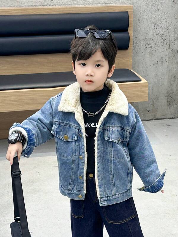 Kurtka jeansowa dla chłopców z podszewką z polaru, odpowiednia do noszenia na co dzień, do szkoły, na co dzień i na zewnątrz, jesień/zima