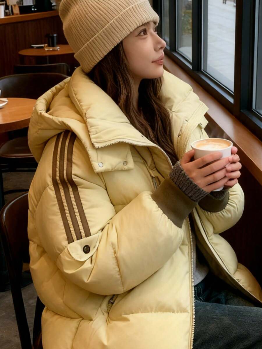 优雅休闲女式外套外出上衣黄棕色加厚羽绒服带帽外套 - 时尚冬季生日派对装扮春季女装 - 芥末黃 - 查看 1