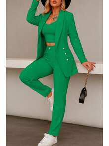 Conjunto elegante de blazer y pantalón de manga larga con cuello chal y doble botonadura para mujer, tejido elástico medio. - Verde - Ver 3