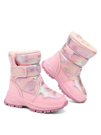 儿童雪地靴，冬季保暖防滑防水户外毛绒鞋，适合男孩和女孩，加厚保暖衬里，迷彩，钩环，套穿长筒儿童雪地靴