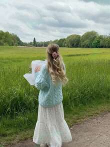 Senya Women's Solid Color Twist Knit Pullover Sweater, Loose Crew Neck Long Sleeve Knit Sweater, Casual, Holiday, Graduation, Back To School Minimalist Sweater Top - Baby Blue - View 3