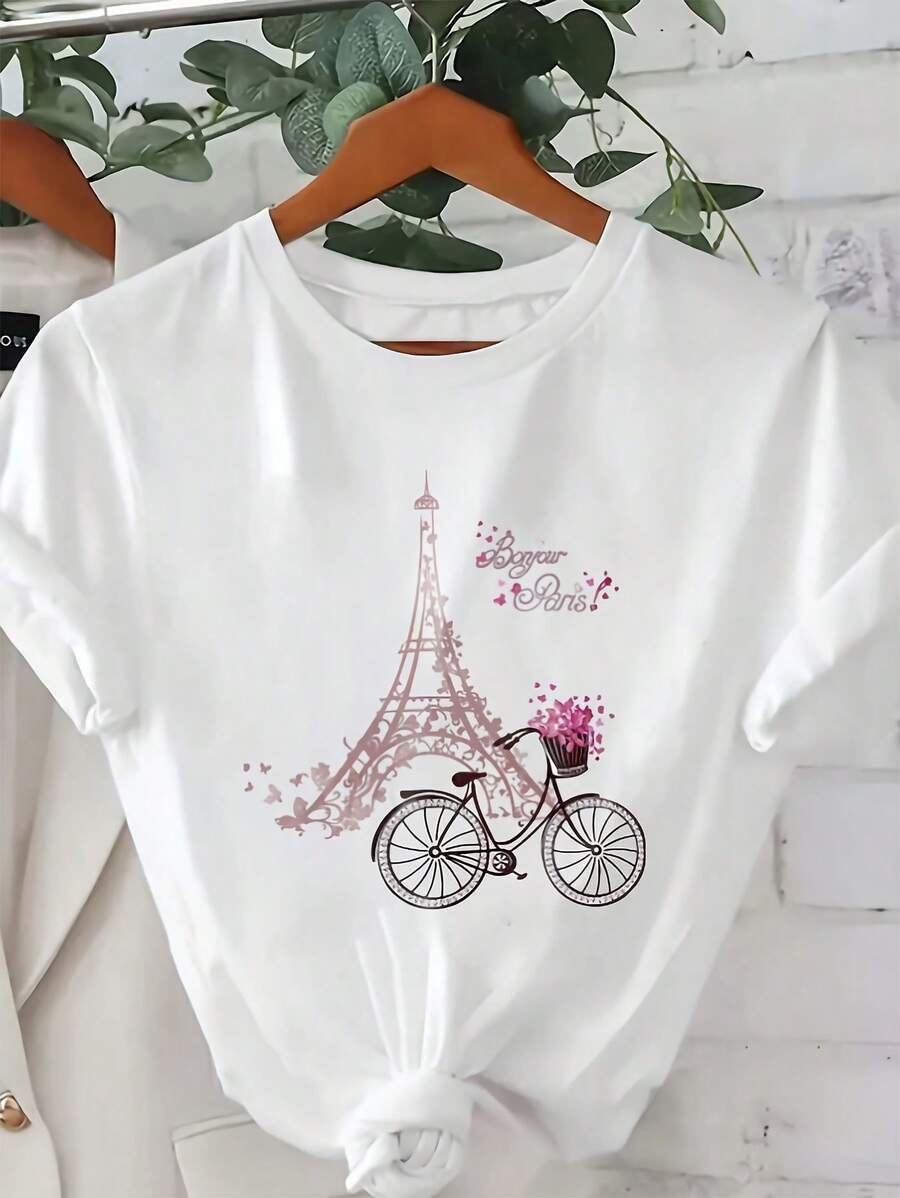 Camiseta gráfica de la Torre Eiffel para mujer - Manga corta, cuello redondo, ligera, casual para verano con diseño de bicicleta rosa, mezcla de algodón blanco para ropa casual, decoración de la Torre Eiffel.