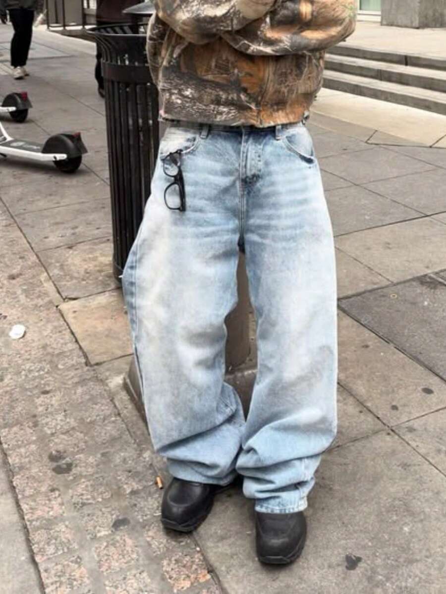 男士浅蓝色水洗牛仔裤，复古街头风宽松直筒裤 - 薄荷藍 - 查看 1