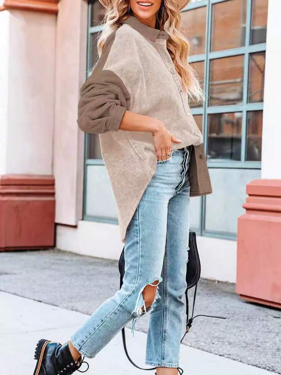 女式秋冬拼色灯芯绒宽松休闲外套