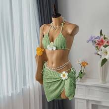 Bellisia 夏季海滩女士纹理露背系带比基尼套装，3 件套 - 綠色 - 查看 8