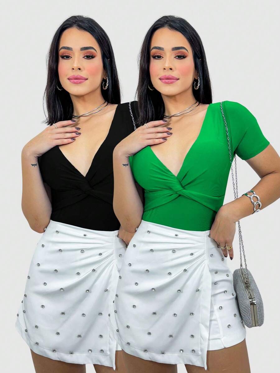 Kit 2 Body Feminino Manga Curta Suplex Frente Trançada Decote Moda Verão