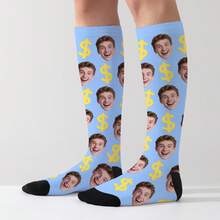 1 Pair Customized Face Socks, Customized Photo Socks, Customized Printed Socks, Print Any Face On Socks, High-Quality Men's Socks Suitable For Anniversary Gifts, Halloween, Christmas, Unique Gifts For Brides, Gifts For Boyfriends, Couples Dollar Pattern Printed Socks, Women's Knee-High Socks, New Thick Long Socks For Autumn/Winter, Calf Socks
