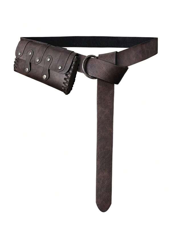 2pcs/Set Vintage Street Style Viking Belt, Faux Leather Accessories Viking Costume Leather Double Buckle Belt Waist Bag, Suitable For Men Party Halloween Wear