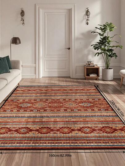 1pc Polyester Bohemian Vintage Design Area Rug, Geometric Pattern Rectangular Easy Care Washable Non-Slip Backing Area Carpet, Suitable For Living Room, Hallway, Bedside, Sitting Room, Bedroom, Office, Kitchen, Farmhouse Home Decor