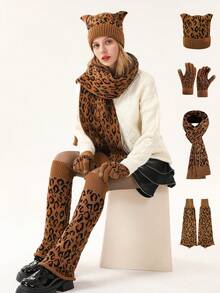 4pcs Women Winter Knitted Beanie Hat, Neck Warmer Scarf, Touch Screen Gloves, Flared Leg Warmers Set, Leopard Print Pattern, Warm Outfit For Cold Weather, Suitable For Daily Use, Dining, Party, Snow Trip, Dating And As Gift For Ladies