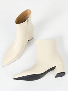 Botas Femininas de Cano Médio Bico Fino, Salto Grosso, Versátil, Primavera/Outono