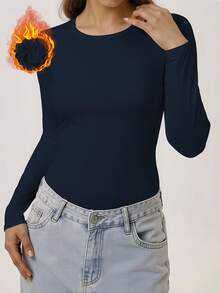 Women's Thermal Underwear Soft T-Shirt Style Top, Casual Loungewear, Base Layer For Skiing, Warm For Winter - Navy Blue - View 11