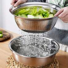 2pcs Stainless Steel Colander Strainer Bowl, Round Vegetable Washing Basin, Thickened Rice Washing Bowl, Kitchen Fruit Washing Drain Bowl,Kitchen Items For Ultimate Kitchen Efficiency With Cozy Fall& Winter Styles - Silver - View 14