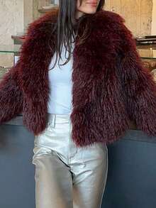 Ladies' Christmas And New Year Elegant Autumn/Winter Woolen Warmness Long-Sleeved Coat With Large Lapel Collar - Burgundy - View 5