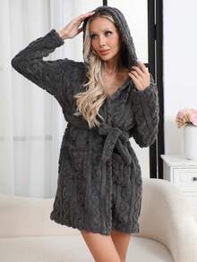 1pc Women's Solid Color Ribbed Kimono Robe, Minimalist Belted Bathrobe, Loungewear For Spring, Autumn & Winter - Black - View 5