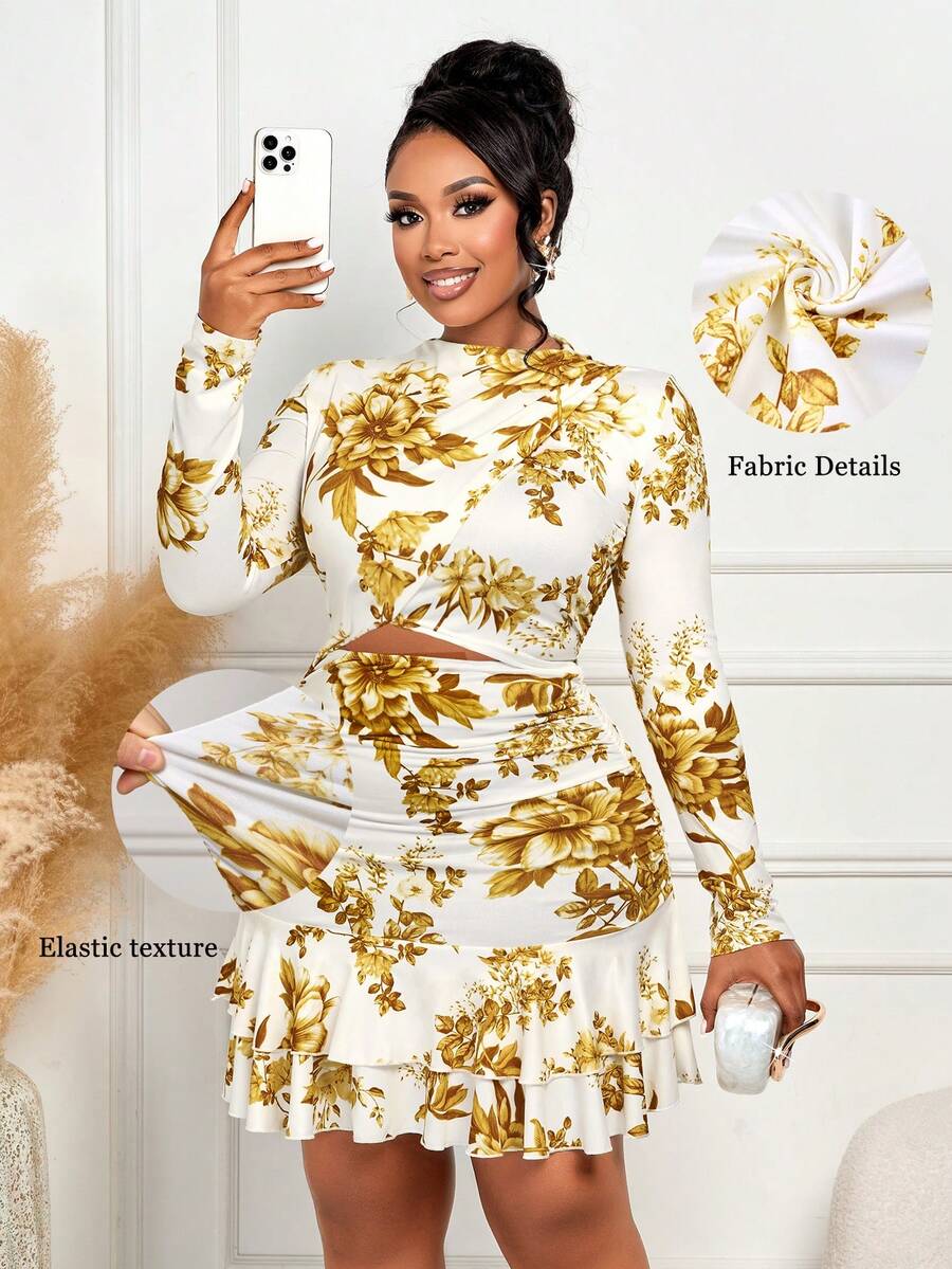 BIUBIU 大码女式优雅长袖高领系腰多层印花A字裙，秋冬款