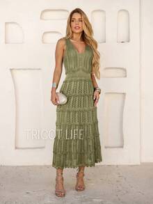 Women's Midi Dress Knit Summer Crochet Ruffles Party Beach Elegant - 橄欖綠 - 查看 4