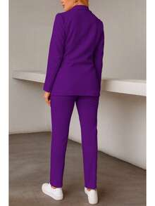 Conjunto elegante de blazer y pantalón de manga larga con cuello chal y doble botonadura para mujer, tejido elástico medio. - Morado - Ver 4
