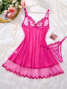 2PCS Women's Rose Red Love Embroidered Sexy Short Sleep Skirt, Translucent Sexy Cute Single Layer Strap Underwear And Love Thong, Cute Gift For Valentine's Day Christmas Carnival Night