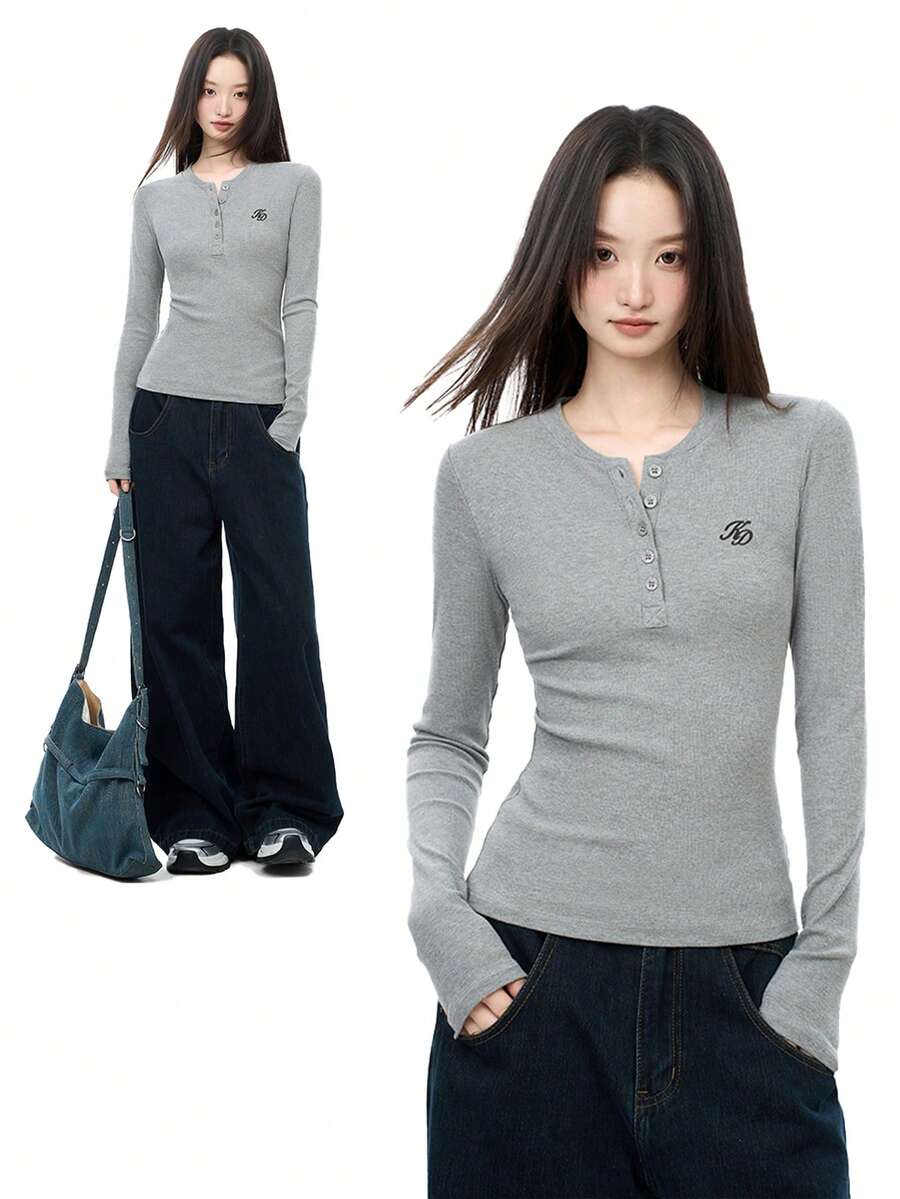 American Sexy V-Neck Long Sleeve Knit T-Shirt For Women, Slim Fit, Flattering Shoulder, Ribbed Knit Pullover Top, Spring/Autumn - Grey - View 1