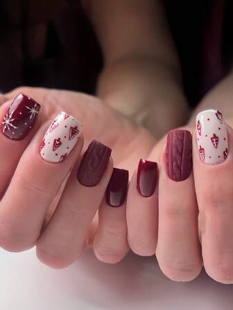 Get Glamorous With 24pcs Short Square Shape Press On False Nails Fashionable Luxury Style White Snowflake Red Base Press-On Gel Nails Daily Fall/Winter Y2K Light Pink Base Red Christmas Tree Polka Dots Vermilion Sweater Texture Full-Coverage Press-On Nails Full Coverage Fake Nail Kit For Women And Girls Includes 1sheet Adhesive Tabs & 1pc Mini File Strip Jelly Gel Random Shipment