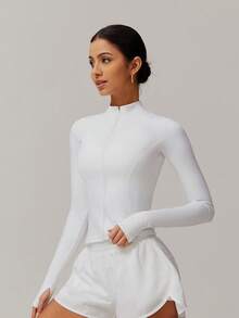 6pecil 1 pezzo Giacca da donna alla moda e sexy, aderente, tinta unita, adatta per yoga, palestra, sport, corsa, fitness, asciugatura rapida, basso impatto, collo alto, con foro per il pollice, con zip, manica lunga, comoda e morbida, per attività all'aperto