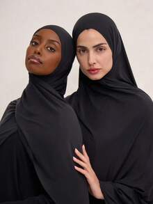 2 chiếc khăn trùm đầu Hijab cỡ lớn mới cho nữ, khăn choàng mềm mại đơn sắc dùng cho trang phục thường ngày - 2 chiếc (đen + đen) - Xem 3