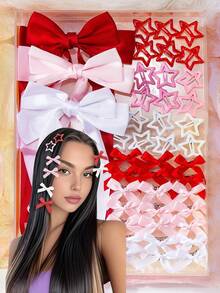 27 Stück/Set modisches Schleifen- und Stern-Haaraccessoire-Set, inklusive Stern-BB-Clips, verschiedene Größen von Schleifen-Haarclips in klassischem Schwarz, süßem Rosa und reinem Weiß - geeignet für Mädchen und Frauen, perfekt für Y2K-Alltagsoutfit, ein Muss für Modepioniere, Schulsachen, elegant, College, Winteroutfit für Frauen, Geschenke, Schleifen, niedlich, klassisch