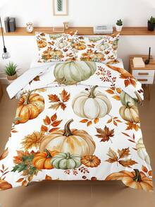 3pcs Watercolor Style Autumn Feast Print Duvet Cover Set (1*Duvet Cover + 2*Pillowcase, Without Core), Vintage Warm, Interwoven With Pumpkin And Autumn Leaves, Soothing Visual Fatigue, Suitable For All Seasons, Suitable For Hotel, Bedroom, Guest Room And Dormitory Decoration Bedding