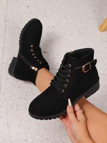 Lace-Up Side Zipper Casual Decorative Buckle Design Versatile Ankle Boots - Black - View 6