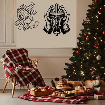 1pc Vintage Prayer Hands With Cross Christian Metal Wall Art - Rust-Resistant Iron Religious Decor With Crossed Hands, Rosary, And Cross Design, Suitable For Church, Office, Home - Christmas Gift For Religious Enthusiasts, Religious Wall Art, Church Decoration