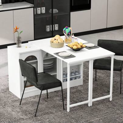 Modern Coffee Table, 360° Extendable Rotating Side Table With Storage, Reversible Sideboard With Glass Cabinet Door, Bar Table For Kitchen And Cafe Furniture, White