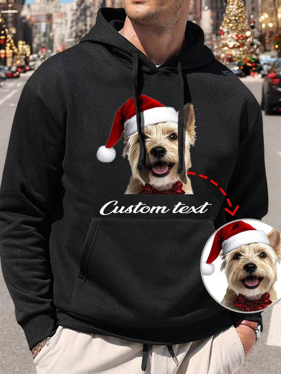 Customized Photo & Text Men's Hoodie Sweatshirt, Personalize With Your Own Photo, Pet/Landscape/Anime/Lover/Family, Customize Text/Name/Blessing/Holiday/Anniversary, Birthday/Valentine's Day/Father's Day/Party/Birthday Gift, Halloween/Back To School/Christmas Holiday, Long Sleeve Top - Black - View 1