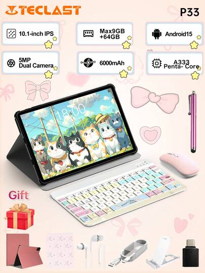 Teclast Teclast P33 New Tablet, Android 15 10.1-Inch IPS, 1280X800 Resolution, Allwinner A333 Five Core, 9GB * (3GB+6GB Virtual) 64GB Storage Space, WIFI, 6000mAh Type-C Charging, Rear 5MP And Front 2MP Dual HD Cameras, Pink Tablet Case ,With Color Keyboard &Wireless Mouse,Mouse Pad Accessories Bundle