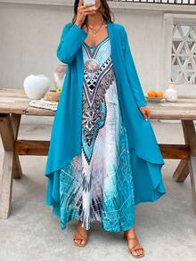 2pcs Set:  Floral Print V-Neck Spaghetti Strap Dress And Long Cover Up For Women