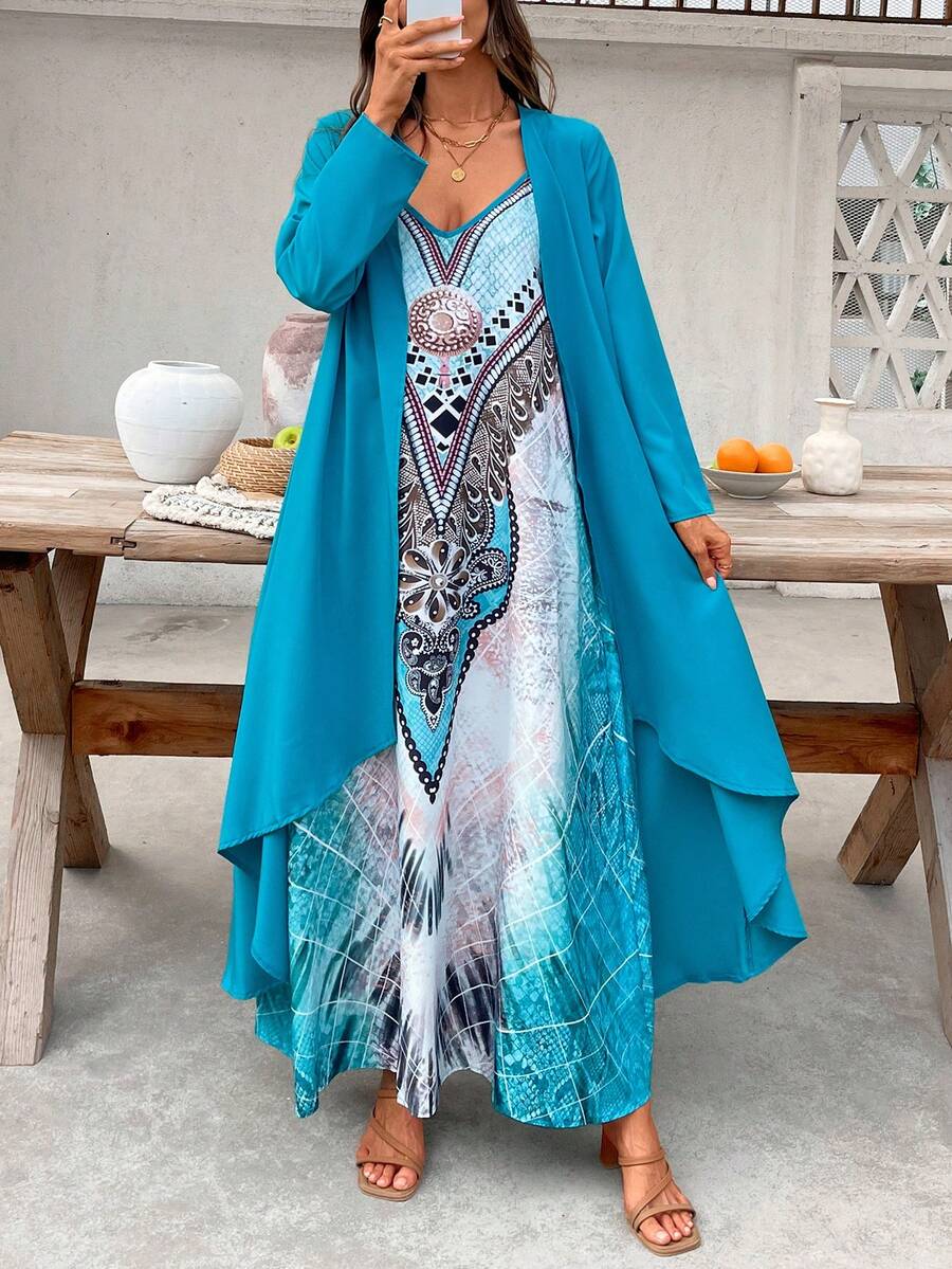 2pcs Set:  Floral Print V-Neck Spaghetti Strap Dress And Long Cover Up For Women