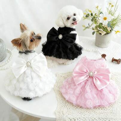 1 قطعة ملابس أليفة فستان زفاف بتنورة توتو مزين بزهرة وردية، إغلاق بشريط فيلكرو أسود/وردي/أبيض للقطط والكلاب، بدلة وصيفة الشرف