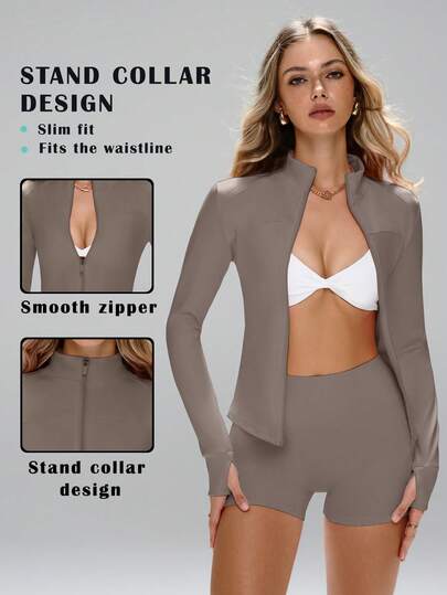 This Sporty Jacket Features A Minimalist And Fashionable Style, Combining Collegiate And Athletic Elements. With Long Sleeves And Thumb Holes, The Comfortable Stretchy Fabric Is Suitable For Dance/Pilates Workouts. The Front Zip-Up Design With A Low Collar Allows You To Easily Transition From Street To Gym. With Shaping Seams, A Slim Fit, Full Coverage, Long Sleeves With Thumb Holes, Effective Waist Cinching, Bust Lifting Pleats, And 360-Degree Stretch, This Women's Fitted Zip-Up Jacket Also Has An Anti-Slip Zipper Guard.