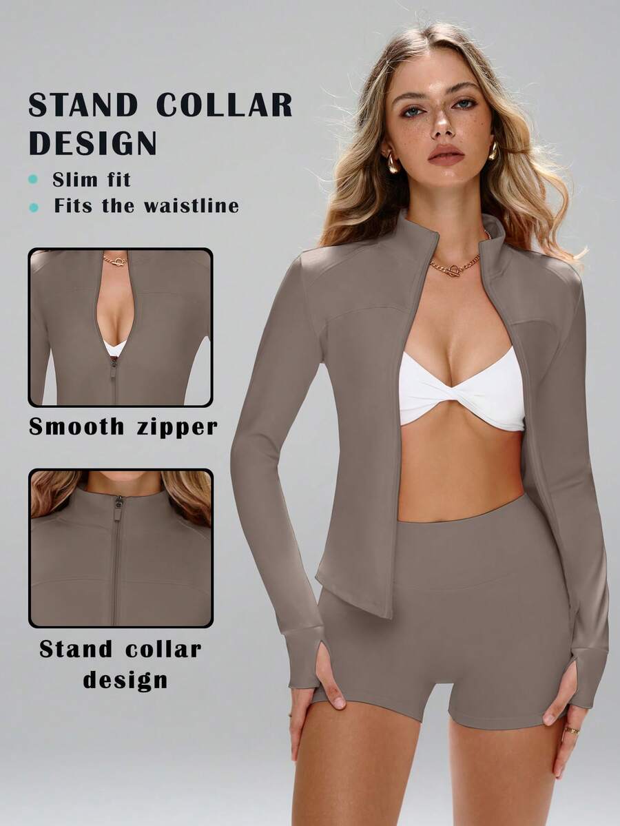 这款运动夹克采用简约时尚的设计，融合了学院风和运动元素。长袖带拇指孔，舒适弹力的面料适合舞蹈/普拉提等运动。低领前拉链设计，方便您轻松从街头穿到健身房。这款女士修身拉链夹克采用塑形缝线、修身剪裁、全面覆盖、长袖带拇指孔、有效收腰、提胸褶裥和360度弹力面料，并配有防滑拉链护片。春季必备。 - 棕色 - 查看 1