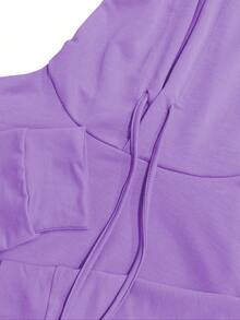 女士休闲两件套，纯色优雅长袖连帽卫衣（带抽绳口袋）搭配直筒抽绳长裤，春季套装 - 紫色 - 查看 4