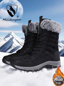 【Milikuyou】男士冬季雪地靴 - 时尚纯黑色，质感上乘。脚踝处采用厚实柔软的羊毛领口，防滑耐磨鞋底提供稳定支撑。